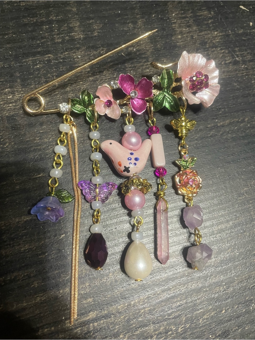 Hand Crafted Pink and Purple Floral Charm Brooch - Picture 4 of 6
